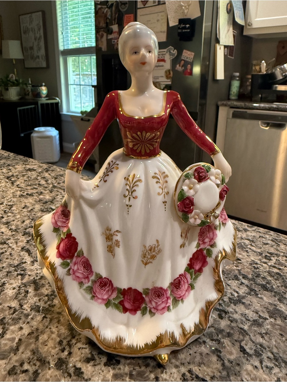 Porcelain Lady Figurine with Red Bodice and Rose Garland